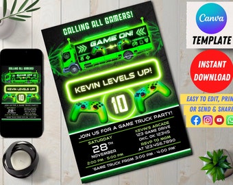 Gamer Truck Party Invitation, Editable Video Game Gaming Bus Birthday Invite Card, Digital Printable Invite, Editable Canva, Green Glow