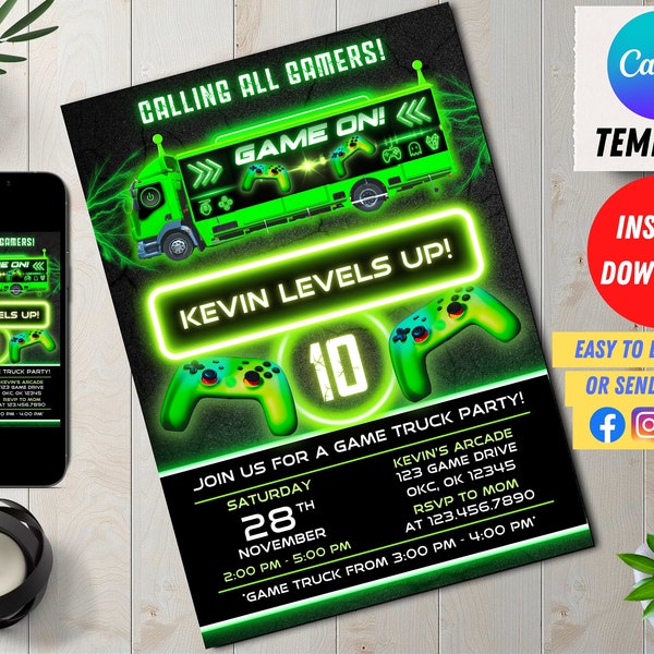 Gamer Truck Party Invitation, Editable Video Game Gaming Bus Birthday Invite Card, Digital Printable Invite, Editable Canva, Green Glow