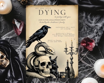 Plantilla de invitación vintage de Halloween, invitación digital de Halloween, fiesta de Halloween imprimible para adultos, Canva editable, descarga instantánea