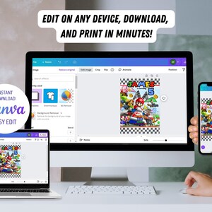 May include: A computer screen and a smartphone display a digital invitation for a birthday party. The invitation features a cartoon image of Mario Kart characters and the text "JAMES is turning 5". The invitation is being edited on Canva, a graphic design platform.
