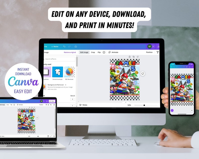 May include: A computer screen and a smartphone display a digital invitation for a birthday party. The invitation features a cartoon image of Mario Kart characters and the text "JAMES is turning 5". The invitation is being edited on Canva, a graphic design platform.
