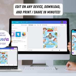 Peut inclure: Un &eacute;cran d'ordinateur, un ordinateur portable et un smartphone affichant un mod&egrave;le de faire-part d'anniversaire. L'invitation pr&eacute;sente le texte "TWO INFINITY" et "Jacob's 2nd Birthday" avec des personnages de dessins anim&eacute;s. Le texte sur l'image indique "EDIT ON ANY DEVICE, DOWNLOAD, AND PRINT / SHARE IN MINUTES!" et "INSTANT DOWNLOAD CANVA EASY EDIT".