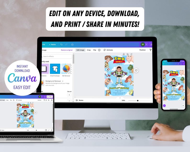 Peut inclure: Un &eacute;cran d'ordinateur, un ordinateur portable et un smartphone affichant un mod&egrave;le de faire-part d'anniversaire. L'invitation pr&eacute;sente le texte "TWO INFINITY" et "Jacob's 2nd Birthday" avec des personnages de dessins anim&eacute;s. Le texte sur l'image indique "EDIT ON ANY DEVICE, DOWNLOAD, AND PRINT / SHARE IN MINUTES!" et "INSTANT DOWNLOAD CANVA EASY EDIT".
