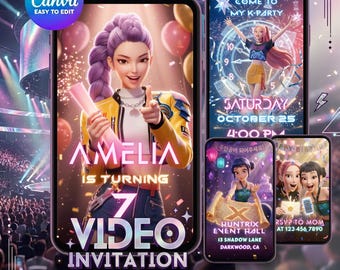 K-pop Demon Hunters Birthday Video Invitation – Editable Canva Digital Animated Mobile Party Invite (Huntrix)