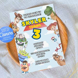 Modèle d'invitation Toy Story modifiable, invitation à une fête d'anniversaire Toy Story aquarelle, invitation numérique, invitation enfant, boisé, Buzz l'Éclair