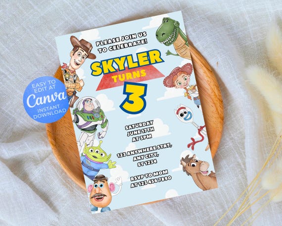 Editable Toy Story Invitation Template, Watercolor Toy Story Birthday Party Invite, Digital Invitation, Kids Invite, Woody, Buzz Lightyear