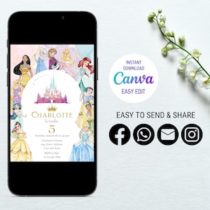 Puede incluir: Una invitaci&oacute;n imprimible para una fiesta de cumplea&ntilde;os infantil con una ilustraci&oacute;n de acuarela de princesas Disney y el castillo de Cenicienta. La invitaci&oacute;n est&aacute; dise&ntilde;ada en colores rosa, morado y azul con el texto "Charlotte cumple 5 a&ntilde;os" y una fecha y hora para la fiesta.
