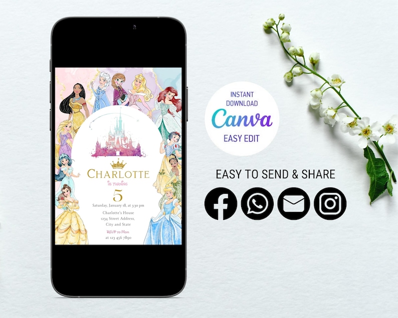 Puede incluir: Una invitaci&oacute;n imprimible para una fiesta de cumplea&ntilde;os infantil con una ilustraci&oacute;n de acuarela de princesas Disney y el castillo de Cenicienta. La invitaci&oacute;n est&aacute; dise&ntilde;ada en colores rosa, morado y azul con el texto "Charlotte cumple 5 a&ntilde;os" y una fecha y hora para la fiesta.