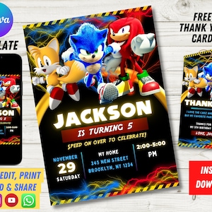 Editable Birthday Digital Invitation, Kids Party E-invite, Thunder, Super Hedgehog Birthday Invites Cards for Boys, Editable Canva