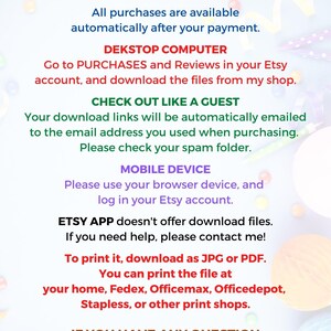 Puede incluir: Un gr&aacute;fico azul y blanco con el texto "HOW CAN YOU GET IT?" e instrucciones sobre c&oacute;mo descargar archivos digitales comprados en Etsy. El texto incluye informaci&oacute;n sobre la descarga de archivos desde una computadora de escritorio, el pago como invitado, el uso de un dispositivo m&oacute;vil y el uso de la aplicaci&oacute;n Etsy. El gr&aacute;fico tambi&eacute;n incluye informaci&oacute;n sobre la impresi&oacute;n de archivos como JPG o PDF.