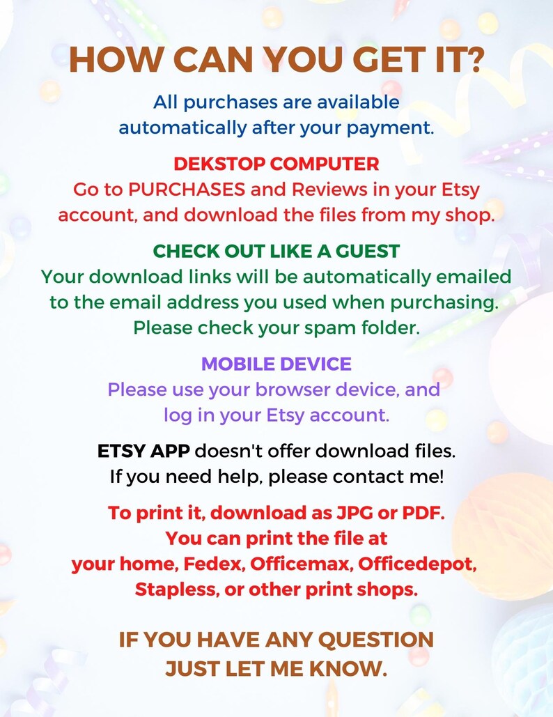 Puede incluir: Un gr&aacute;fico azul y blanco con el texto "HOW CAN YOU GET IT?" e instrucciones sobre c&oacute;mo descargar archivos digitales comprados en Etsy. El texto incluye informaci&oacute;n sobre la descarga de archivos desde una computadora de escritorio, el pago como invitado, el uso de un dispositivo m&oacute;vil y el uso de la aplicaci&oacute;n Etsy. El gr&aacute;fico tambi&eacute;n incluye informaci&oacute;n sobre la impresi&oacute;n de archivos como JPG o PDF.