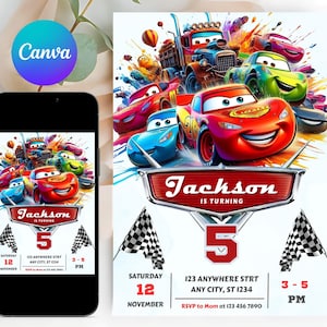 Cars Birthday Invitation, Editable Lightning McQueen Birthday Invite, Racing Car Birthday Party Invitation, Boy Invites, Canva Template