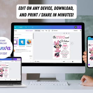 May include: A digital mockup of a printable invitation for a child's second birthday party. The invitation features a cartoon image of Minnie Mouse in a pink dress and a pink bow. The text on the invitation reads "Oh Two-derful!" and "Madisen is turning 2".