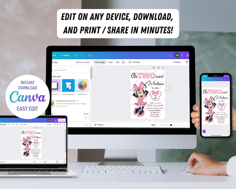 May include: A digital mockup of a printable invitation for a child's second birthday party. The invitation features a cartoon image of Minnie Mouse in a pink dress and a pink bow. The text on the invitation reads "Oh Two-derful!" and "Madisen is turning 2".