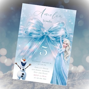 May include: A light blue birthday invitation featuring a large bow and the text "Amelia is turning 5". The invitation includes an illustration of Elsa from Frozen and Olaf the snowman. The invitation details include the date, time, and location.