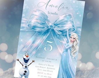 May include: A light blue birthday invitation featuring a large bow and the text "Amelia is turning 5". The invitation includes an illustration of Elsa from Frozen and Olaf the snowman. The invitation details include the date, time, and location.