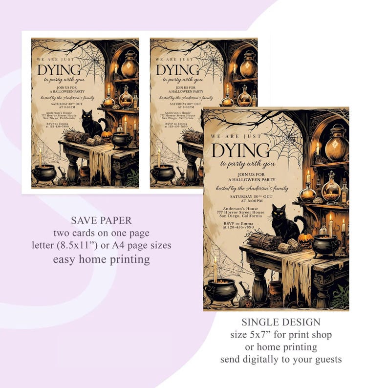 May include: Halloween party invitations with a vintage aesthetic. The design features a black cat, cobwebs, and a spooky setting with the text "We are just dying to party with you." The invitations are available in two sizes.