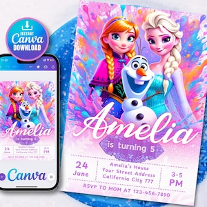 Modello di invito di compleanno Frozen ad acquerello, invito per ragazza principessa Elsa, download immediato, invito digitale per festa di compleanno per ragazza, modificabile