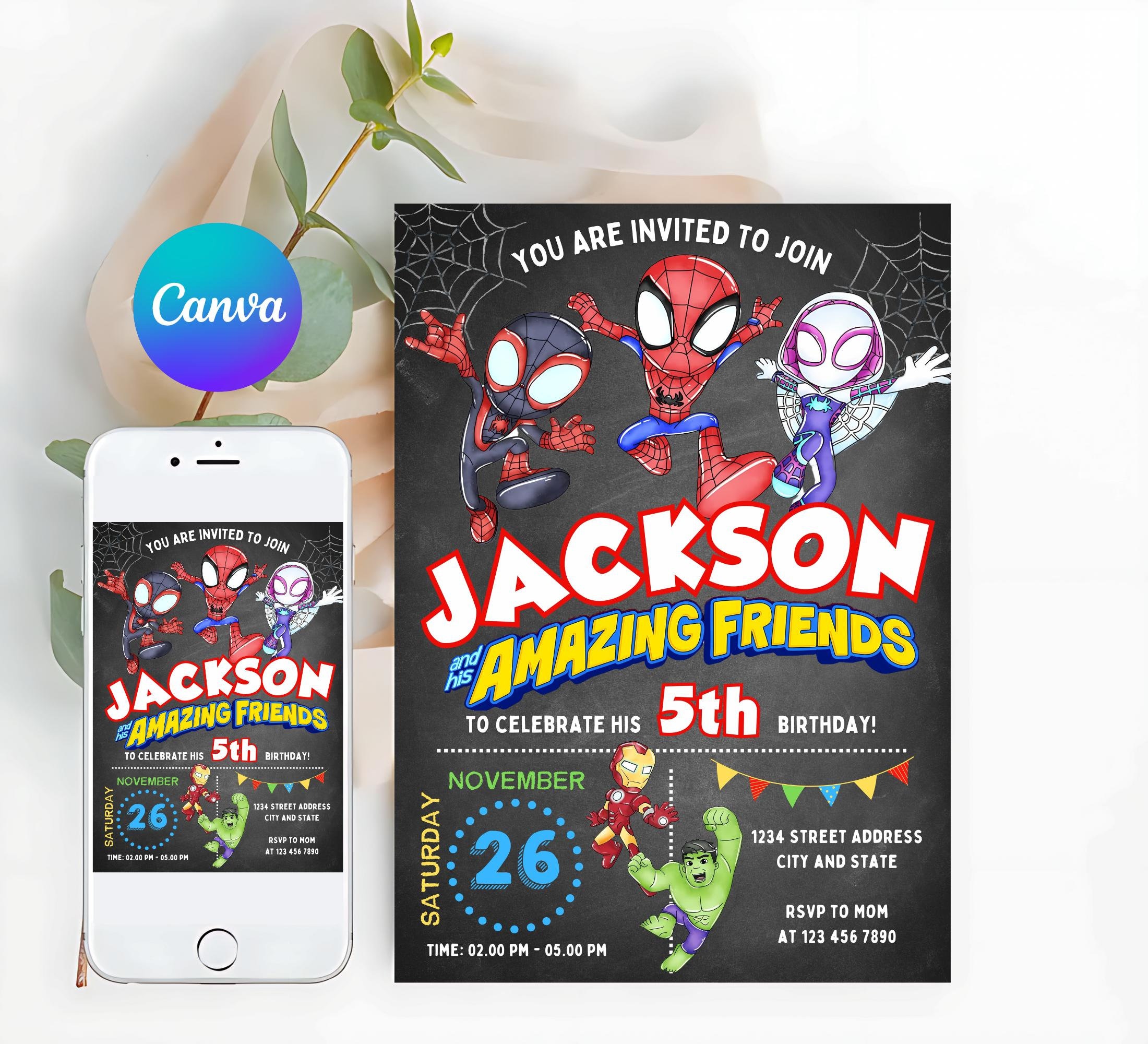Spidey and his Amazing Friends Birthday Party Invitation, Blackboard Superhero Birthday Invite, Editable Template, Mobile Invite, Printable