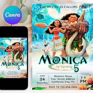 Edytowalne zaproszenie na przyjęcie urodzinowe Moana | Wydrukowalne zaproszenie na urodziny dziecka Moana | Szablon przyjęcia dla dzieci | Edytowalne w Canva | Natychmiastowe pobranie