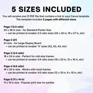 May include: A digital document with the text "5 SIZES INCLUDED" and size details for printing templates. Includes sizes like 24 x 36 inches, 18 x 24 inches, and 16 x 20 inches, suitable for various frame sizes.