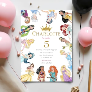Watercolor Girls Princess and friends Birthday Party Invitation, Digital Self-Editable Canva Template, All Princesses Party Invites