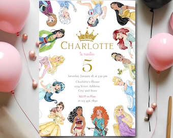 May include: A white invitation with a gold crown and the text "CHARLOTTE IS TURNING 5". The invitation is decorated with images of Disney princesses, including Snow White, Cinderella, Ariel, Belle, Mulan, Pocahontas, and Rapunzel.