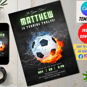 Editable Soccer Birthday Invitation Digital, Soccer Party Invite, Football Birthday Evite, Editable in Canva Printable Download