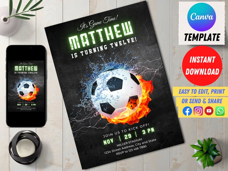 Editable Soccer Birthday Invitation Digital Soccer Party Etsy