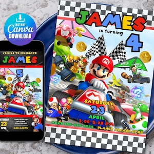 Invito di compleanno di Mario Kart / Invito di compleanno di Mario / Carta a tema festa di compleanno di Mario / Invito digitale / Invito di compleanno per bambini