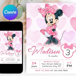 Invito di compleanno Minnie modificabile, invito amore acquerello, qualsiasi età, invito 5x7, pois rosa, invito festa Minnie per ragazze, stampabile