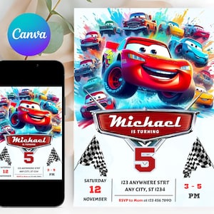 Cars Birthday Invitation, Editable Lightning McQueen Birthday Invite, Racing Car Birthday Party Invitation, Boy Invitation, Canva Template