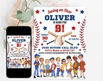 May include: Baseball-themed birthday party invitation with a red, white, and blue color scheme. The invitation features a cartoon baseball player and the text "Swing on Over Oliver is going for 9!"  Sunday, June 30th at 3:00 PM. 3430 Rivers Call Blvd. RSVP to Michelle at 408-858-7393. Extra clothes recommended for water slides.