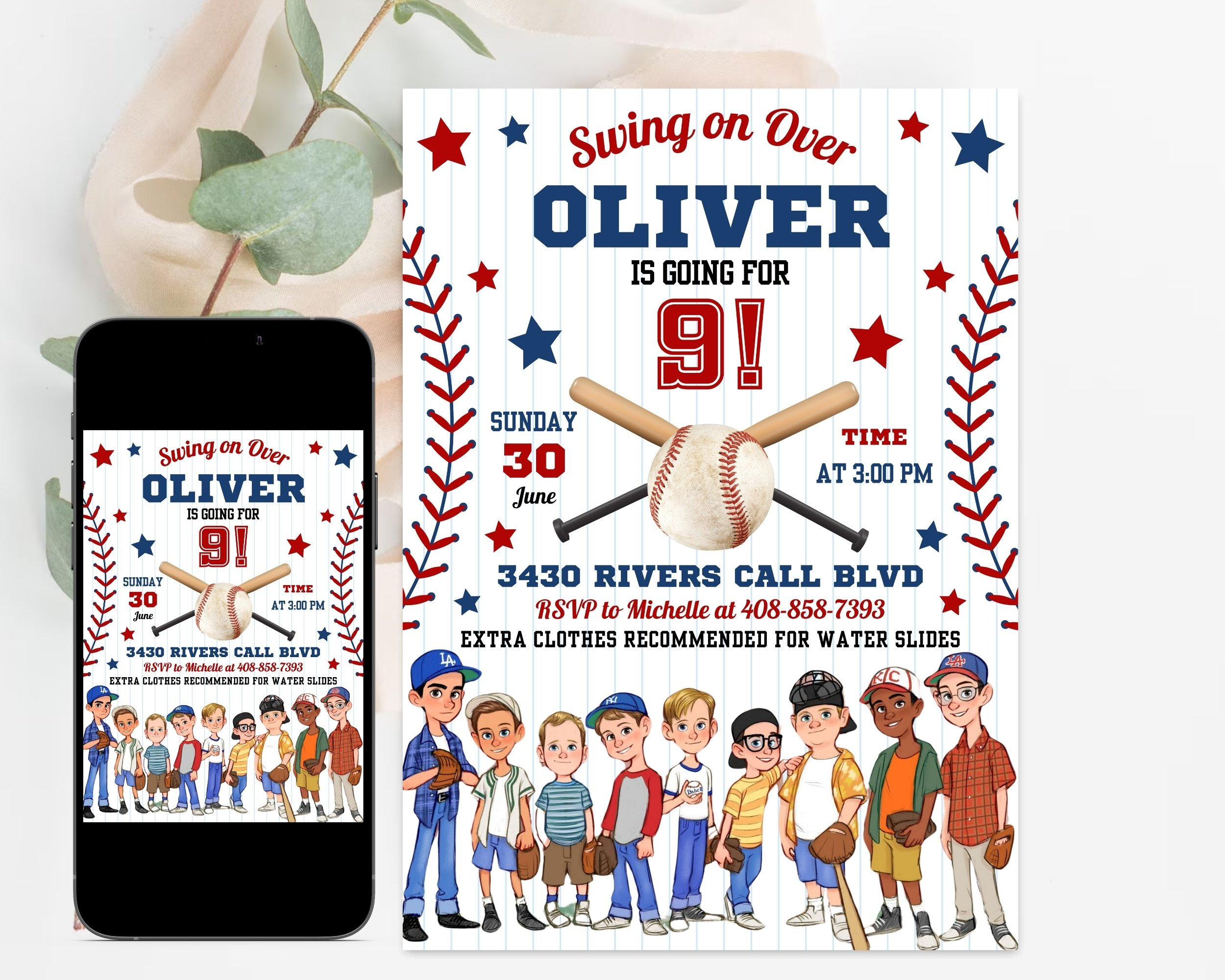 Editable Baseball Sandlot Birthday Invitation, Baseball Summer Invites, Instant Download Baseball Invitations, Digital File, Editable Canva