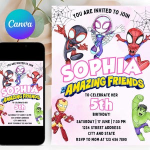 Watercolor Spidey and HER Amazing Friends Birthday Party Invitation, Superhero Girl Invite, Editable Template, Mobile Invite, Printable