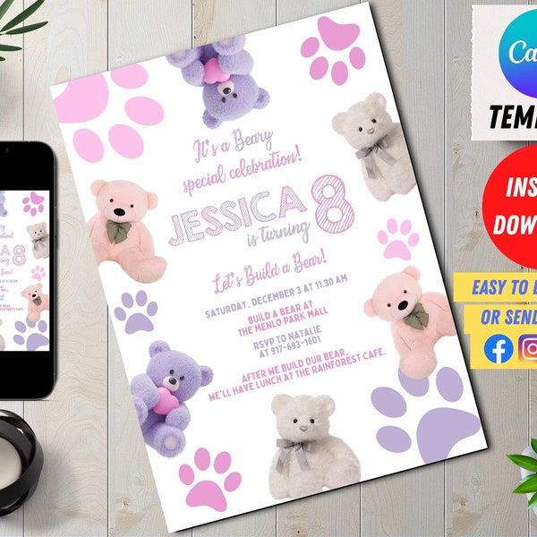 Editable Girl Bear Birthday Party Invitation Digital, Digital Evite, Editable in Canva Printable Download, Bear Party