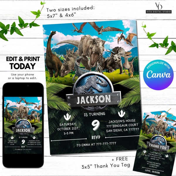 World Dinosaur Park Geburtstagseinladung - Kinder Einladung - Digital Party Invite - Moderne Geburtstagsvorlage druckbar - bearbeitbar in Canva