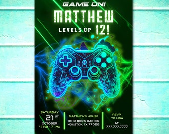 Video Game Birthday Invitation Template, Video Game Invitation, Neon Glow, Green Blue Glow, Boys Game Party, Kid Invite, Editable Canva