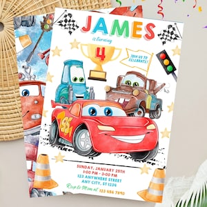 Convite para carros em aquarela Lightning McQueen, convite para aniversário de carros, convite para carros de corrida, lembrancinha de aniversário para carros, etiqueta de agradecimento, modelo Canva