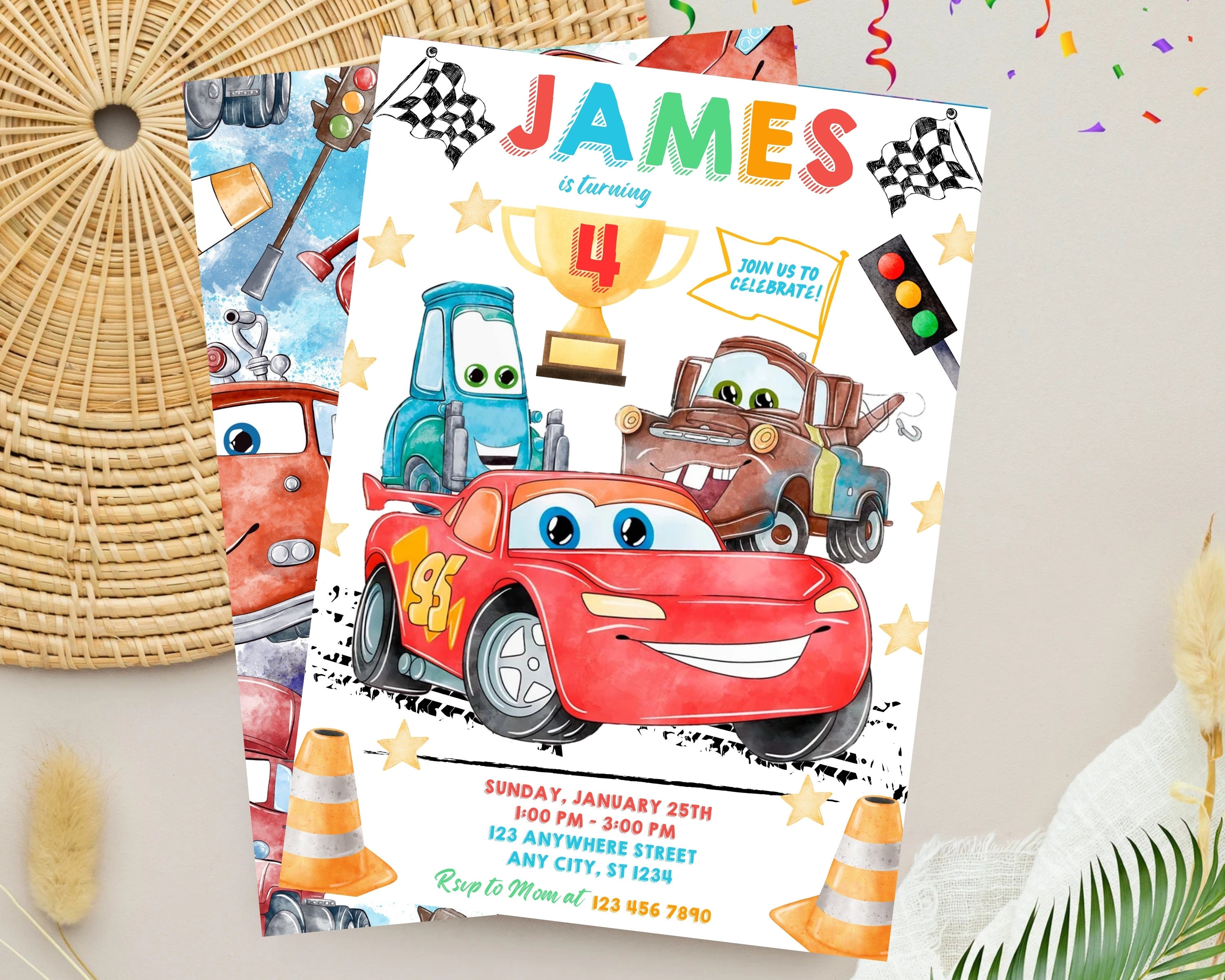 Aquarell-Autos-Lightning-McQueen-Einladung, Autos-Geburtstagseinladung, Rennwagen-Einladung, Autos-Geburtstagsgeschenk, Dankeschön-Tag, Canva-Vorlage