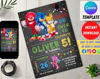 Editable Birthday Digital Invitation, Kids Party E-invite, Thunder, Super Hedgehog Birthday Invites Cards for Boys, Editable Canva