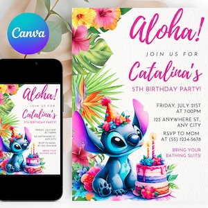 Stitch Birthday Invitation Editable Template, Canva Editable Birthday Invitation, Stitch Birthday Party Invitation, Invite Canva Template 14