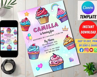 Cupcakes Birthday Party Invitation, Cupcake Birthday Invitation, Sweet Cupcakes Birthday Invitation, Cupcake Invitation, Instant Download