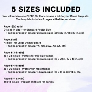 May include: A digital document with the text "5 SIZES INCLUDED". The document details five different print sizes, including 24 x 36 inches, 18 x 24 inches, 16 x 20 inches, and 11 x 14 inches, with corresponding ratios and uses.