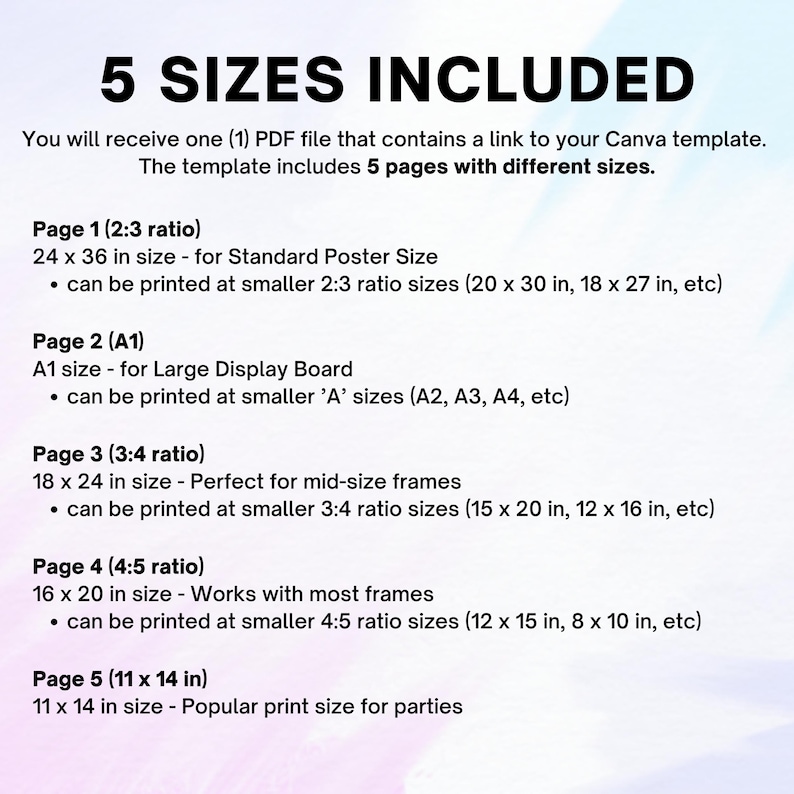May include: A digital document with the text "5 SIZES INCLUDED". The document details five different print sizes, including 24 x 36 inches, 18 x 24 inches, 16 x 20 inches, and 11 x 14 inches, with corresponding ratios and uses.