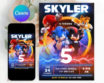 Sonic 3 Geburtstagseinladung, Super Igel Jungen Party einladen, Super Sonic Party Einladung, Bearbeitbare Sonic Invite Vorlage, Canva Vorlage