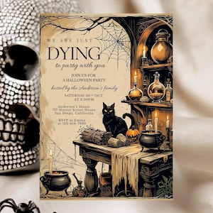 May include: Halloween party invitation with a vintage aesthetic. The invitation features a black cat, pumpkins, candles, and potion bottles. Text reads "We are just dying to party with you" and includes party details.