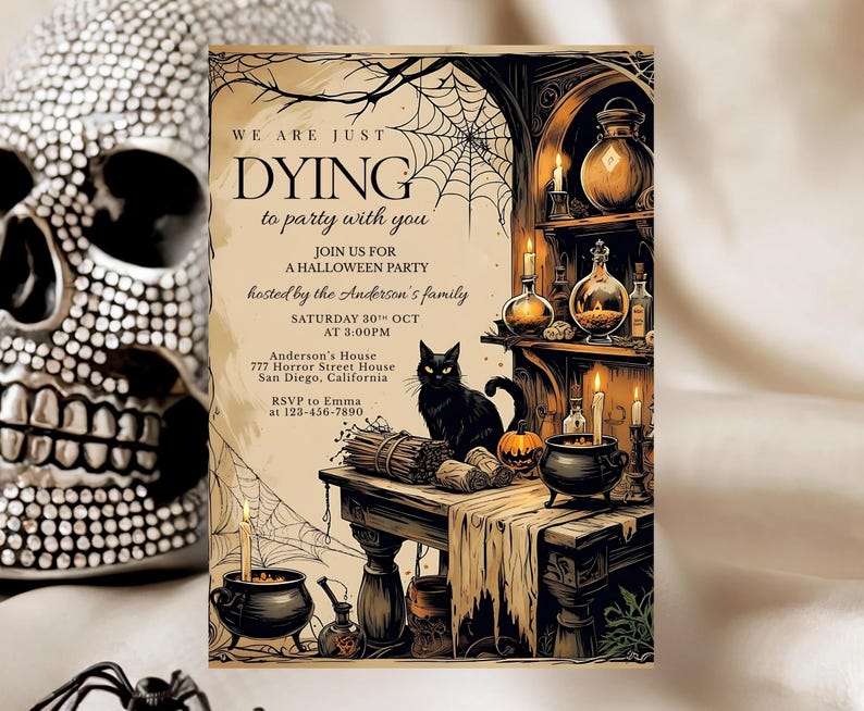 May include: Halloween party invitation with a vintage aesthetic. The invitation features a black cat, pumpkins, candles, and potion bottles. Text reads "We are just dying to party with you" and includes party details.