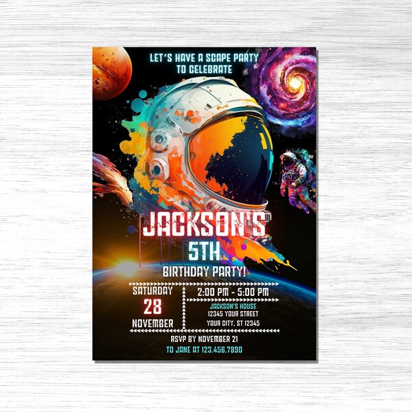 Outer Space Birthday Invitation Template, Planets Rocket Ship Astronaut Invite, Galaxy Blast Off Invitation, Editable Glow Neon Invitation