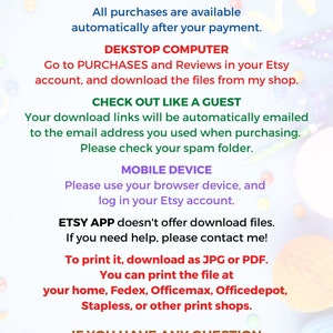 May include: A graphic with instructions on how to download digital files purchased on Etsy. The text includes instructions for desktop computers, mobile devices, and the Etsy app. It also includes information about printing the files.